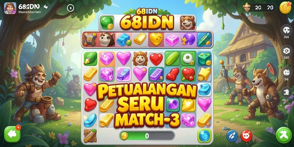 Screenshot gameplay 68IDN menampilkan kombinasi permata warna-warni.