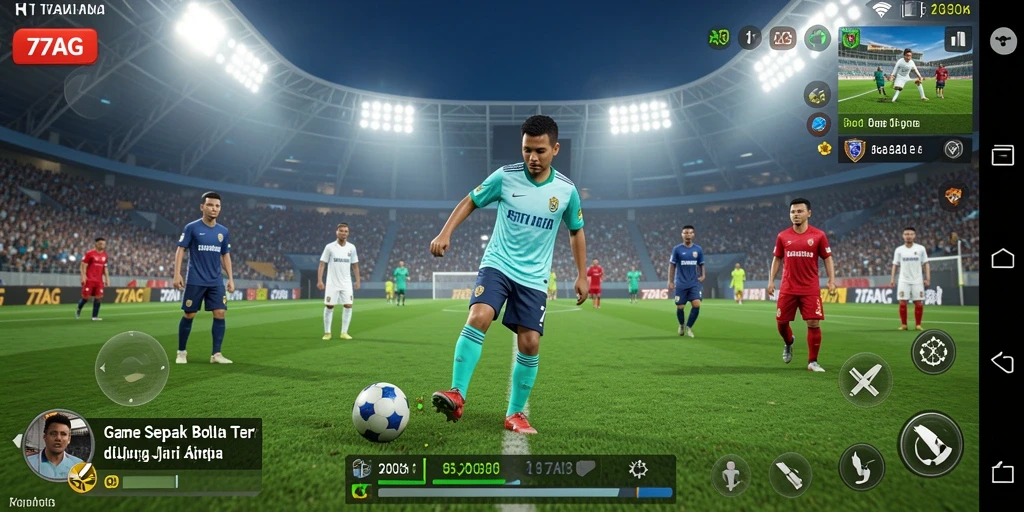 Screenshot gameplay 77AG menunjukkan aksi seru di pertandingan sepak bola.