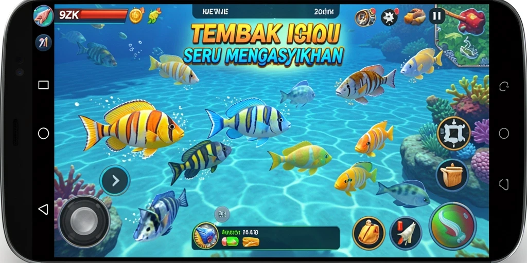 Gameplay seru Tembak Ikan dengan warna-warni bawah laut.
