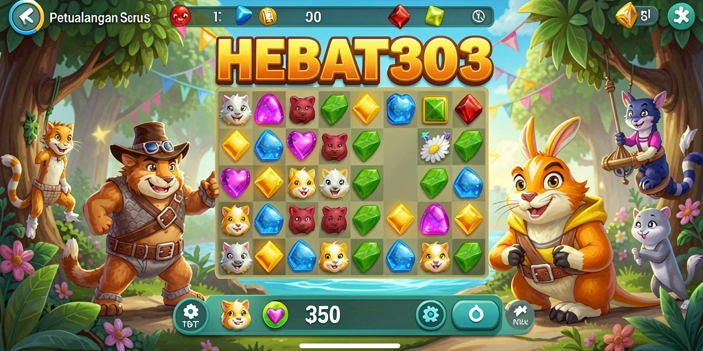 Tangkapan layar gameplay seru HEBAT303 menunjukkan aksi Match-3 yang dinamis.