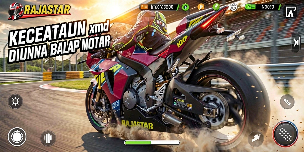 Tangkapan layar gameplay RAJASTAR menampilkan balapan motor yang penuh aksi.